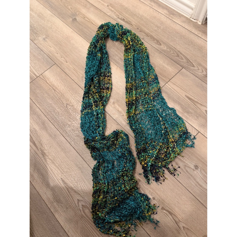 Vintage Y2K Lightweight Open Knit Mesh Scarf Teal Yellow Navy Blue Fringe Boho